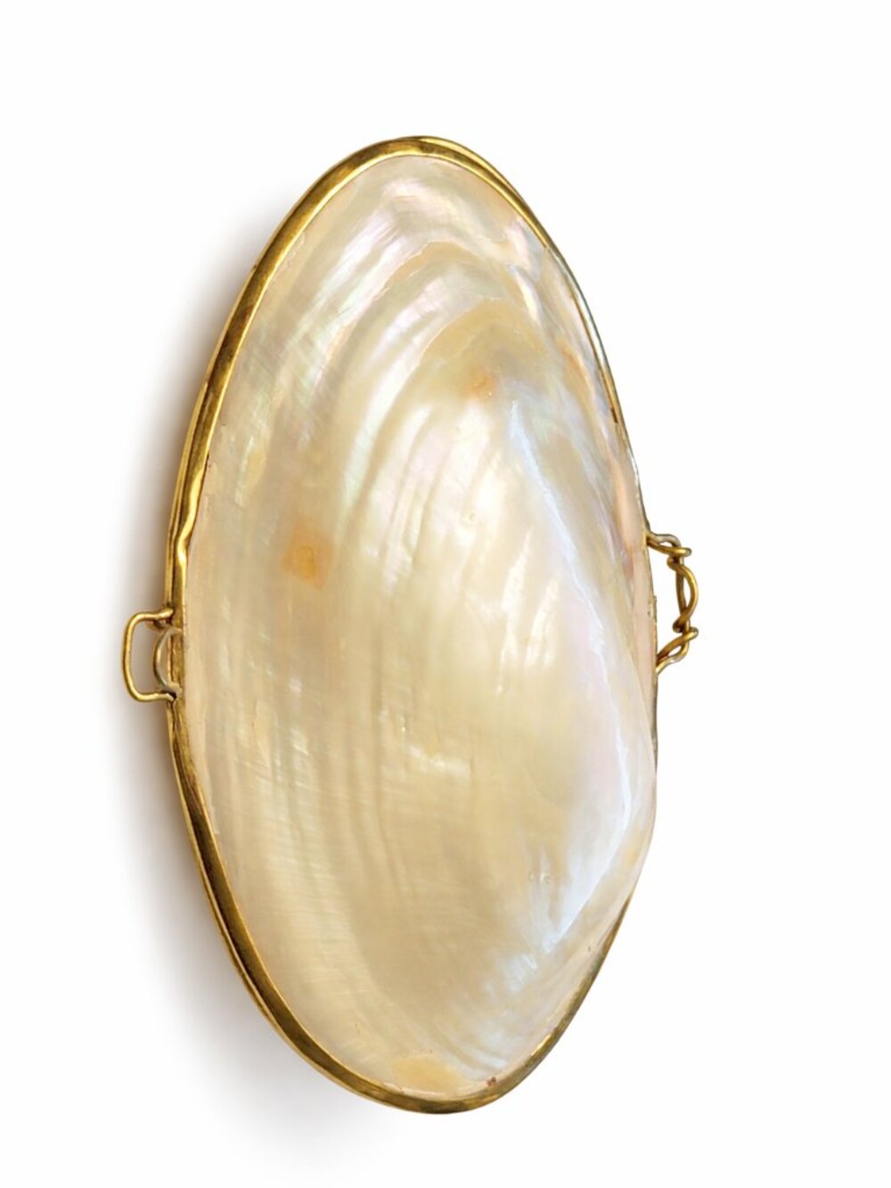 Vtg. Mother Of Pearl Clam Shell Trinket box Trimmed in Gold Tone Metal W/Hinge